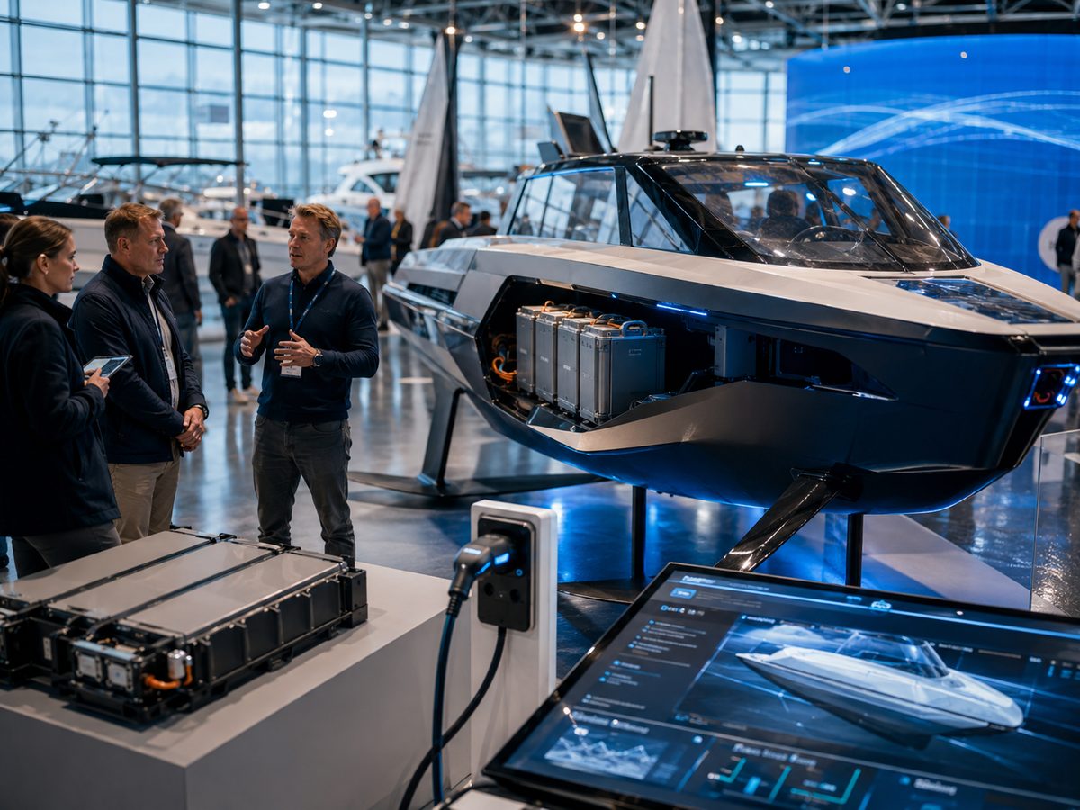 Eldriven foilbåt med öppet batterisystem visas för besökare