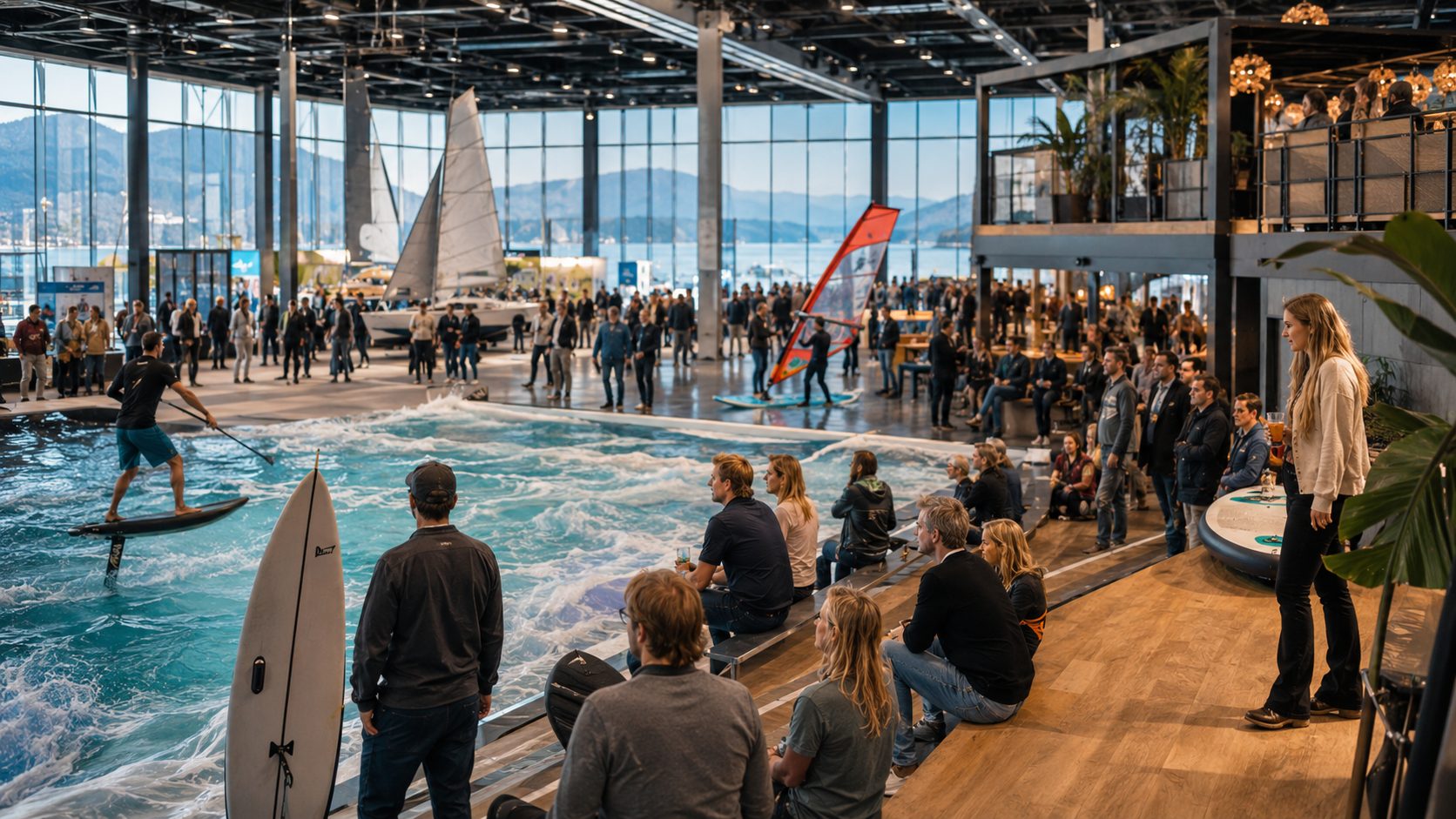 Surf & Foil Arena inomhus med våg, foilåkare och publik